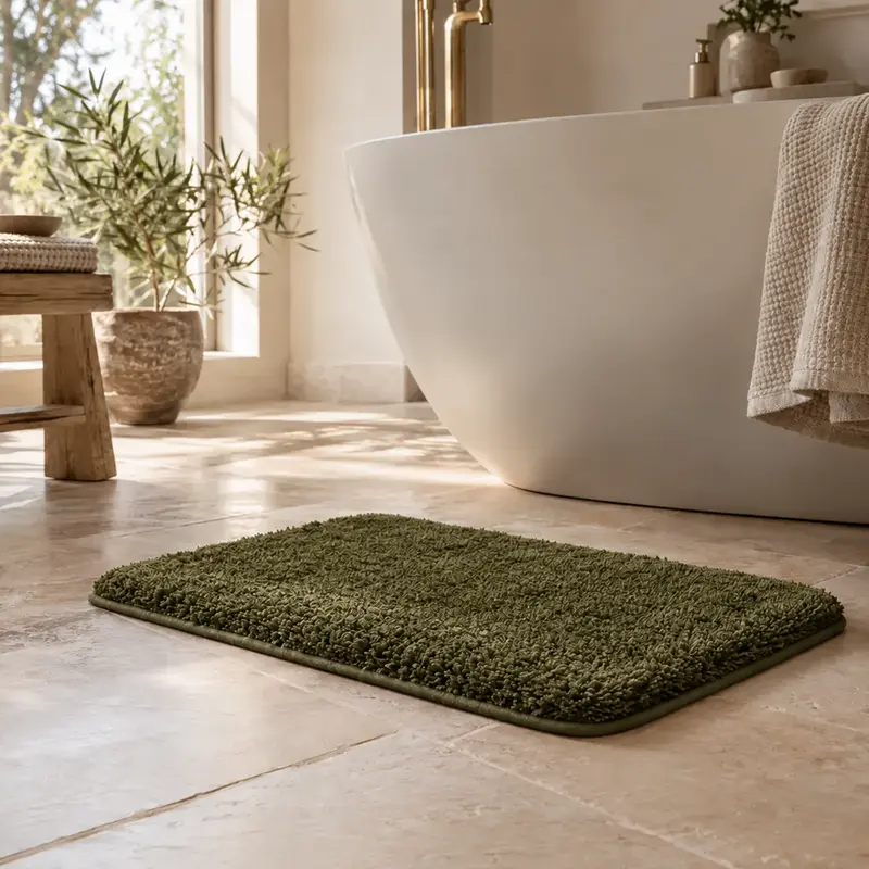 A plush bath mat beside a bathtub