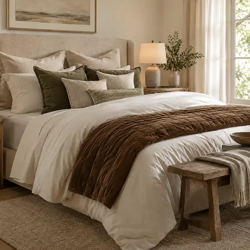 A layered bed with a duvet and coordinating pillows