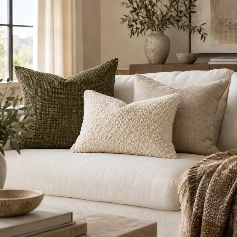 Textured decorative cushions arranged on a sofa