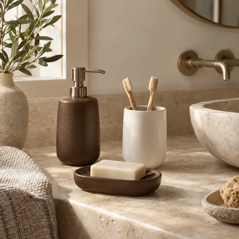 Coordinating ceramic soap dispenser, tumbler and soap dish
