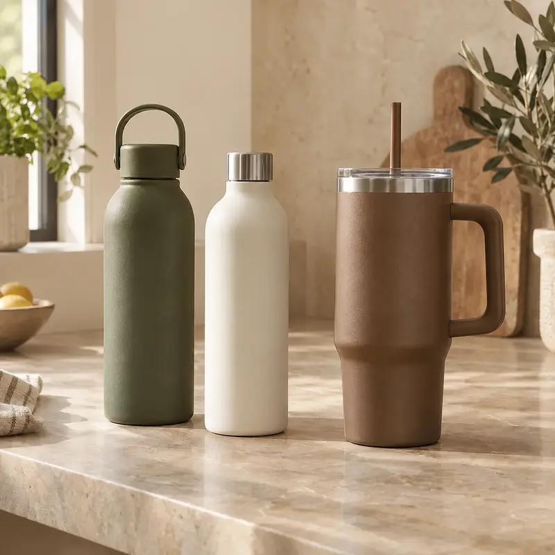 Reusable water bottles and an insulated tumbler