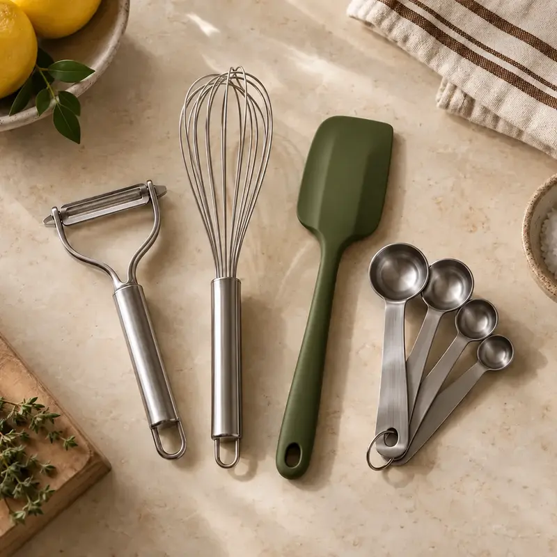 Handheld kitchen tools arranged on a countertop