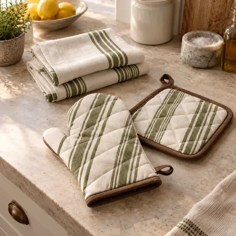 Kitchen towels, oven mitt and potholder