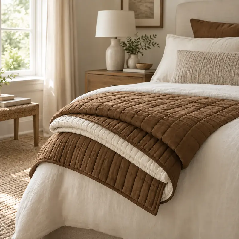 A textured stitched quilt folded at the corner of a bed