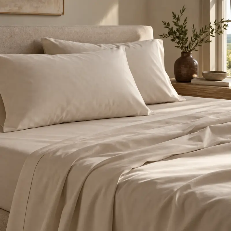 Smooth cotton sheets and pillowcases folded back on a bed