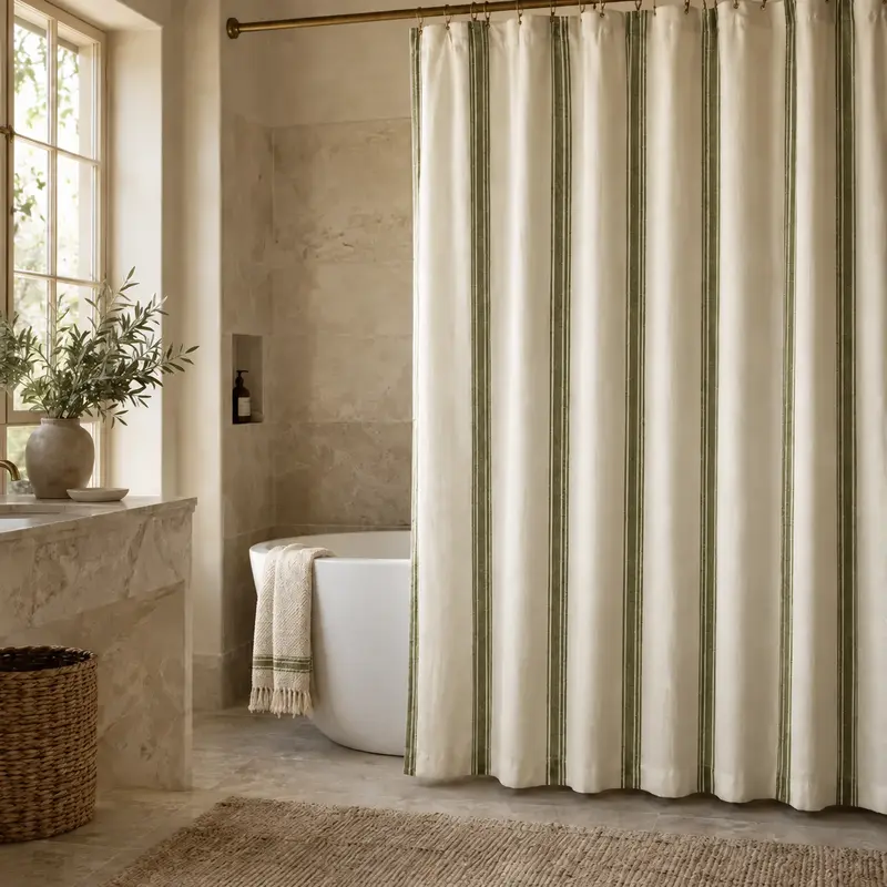 An olive and ivory shower curtain in a bright bathroom