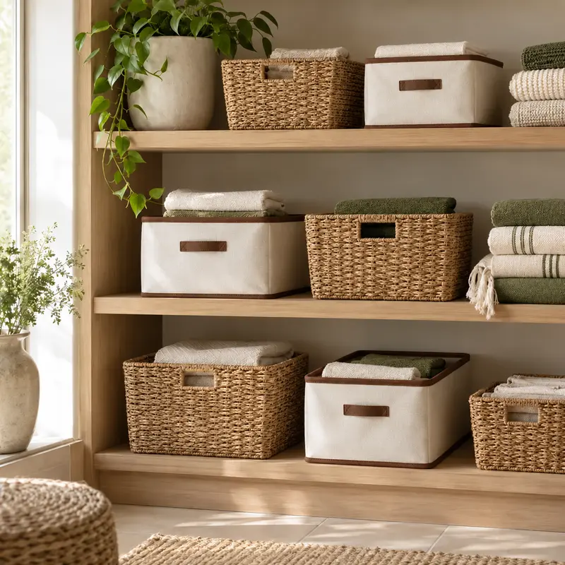 Woven baskets and fabric storage bins on shelves