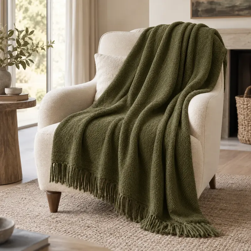 A soft olive throw draped over an armchair