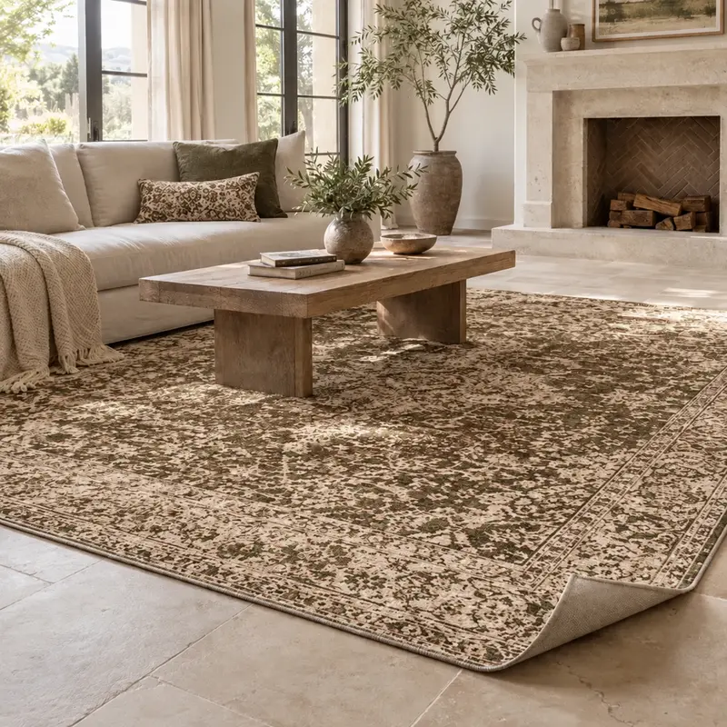 A low-pile patterned area rug in a living room