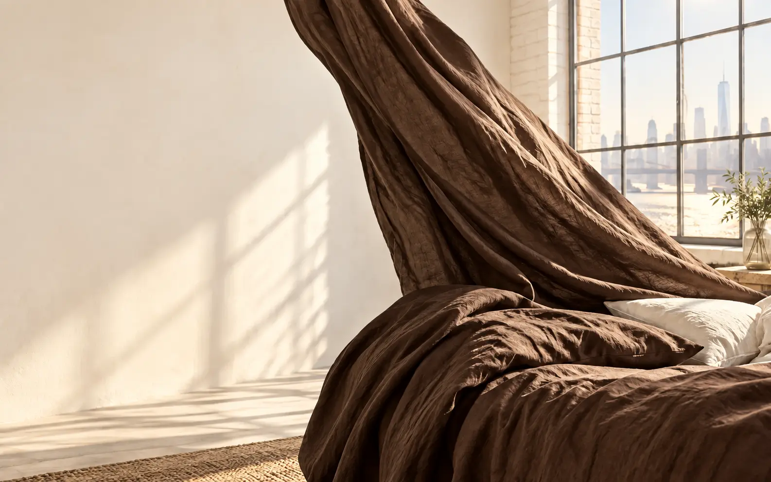Rich brown linen sweeping through a sunlit New York studio